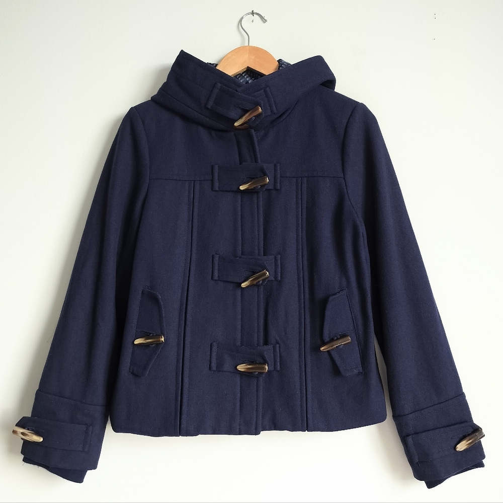 Anthropologie Elevenses First Frost Wool Blend Toggle Hood Navy Pea Coat 8 Warm